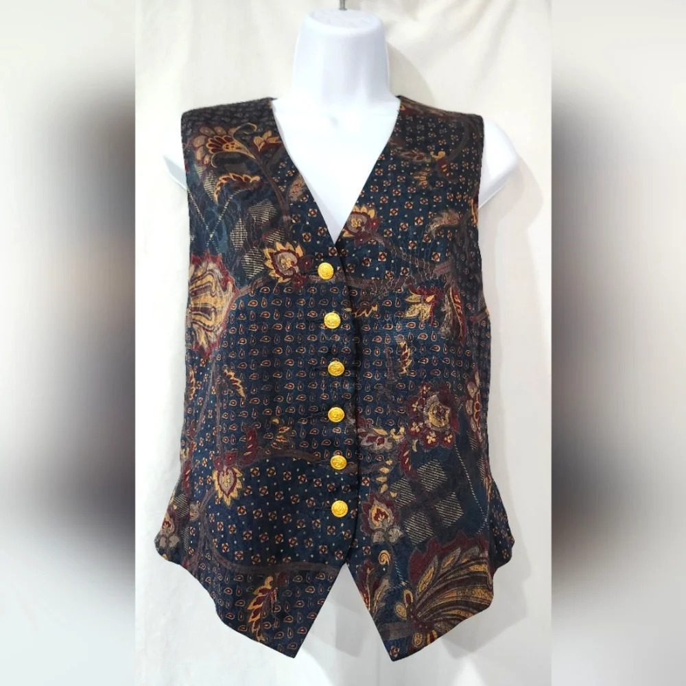 Liz Claiborne Womens Paisley Vest Size 8 Navy Whimsigoth Dark Academia Preppy